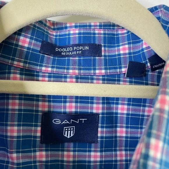 GANT Dogleg Poplin Blue/Pink Checked Shirt Medium - Picture 3 of 6
